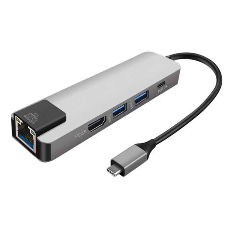 5 en 1 USB Type C Hub hd-mi 4K USB-C Hub vers Gigabit Ethernet Rj45 adaptateur Lan pour Mac book Pro Thunderbolt 3 USB-C: Argent