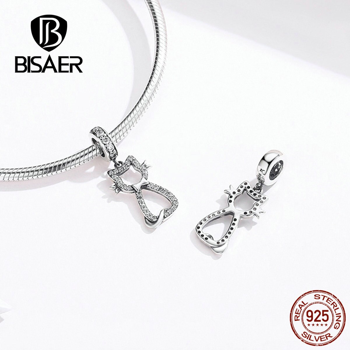 BISAER Cat Pendant 925 Sterling Silver Animal Kitten Pussy Charms Beads fit Bracelets Cubic Zircon DIY Jewelry Making ECC1162