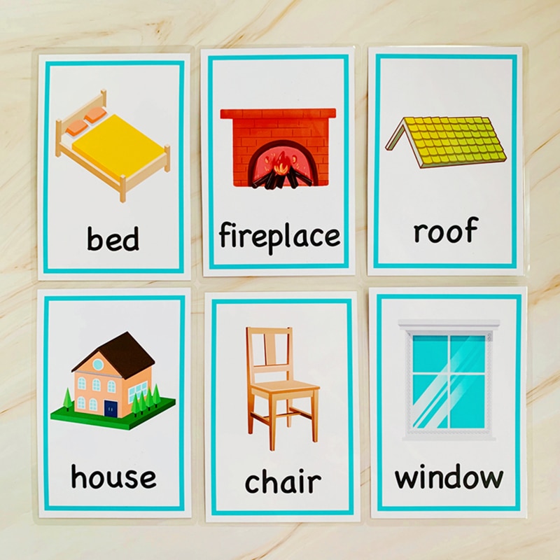 24pcs English Cognitive Flash Card Cartoon Furniture Daily Necessities Learning Word Cards Early Educational Memory Game For Kid