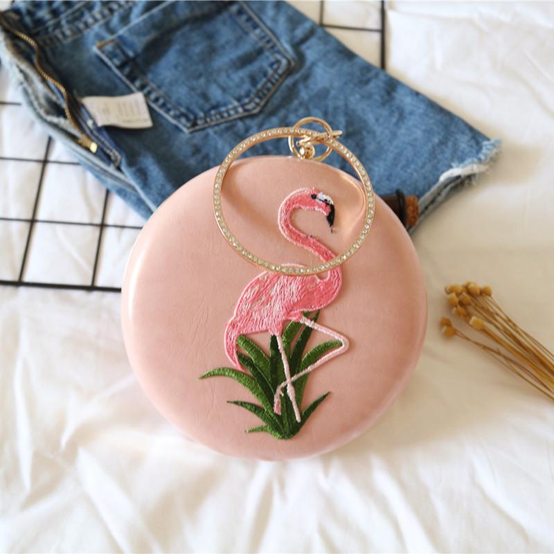 Women's Round Evening Bag - Vintage Style - Flamingo Embroidery - PU Leather - Chain Strap: Pink