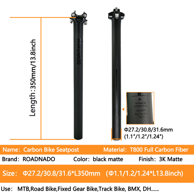 ROADNADO T800 Carbon MTB Seatpost Bicycle Seat Post 27.2/30.8/31.6*350/400mm Matte 3K Mountain Road Bike Seat Tube Cycling Parts