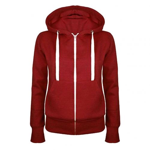 Lässige damen einfarbig langarm hoodie Winter warm reißverschluss kapuzenpullover: Weinrot / Xxl