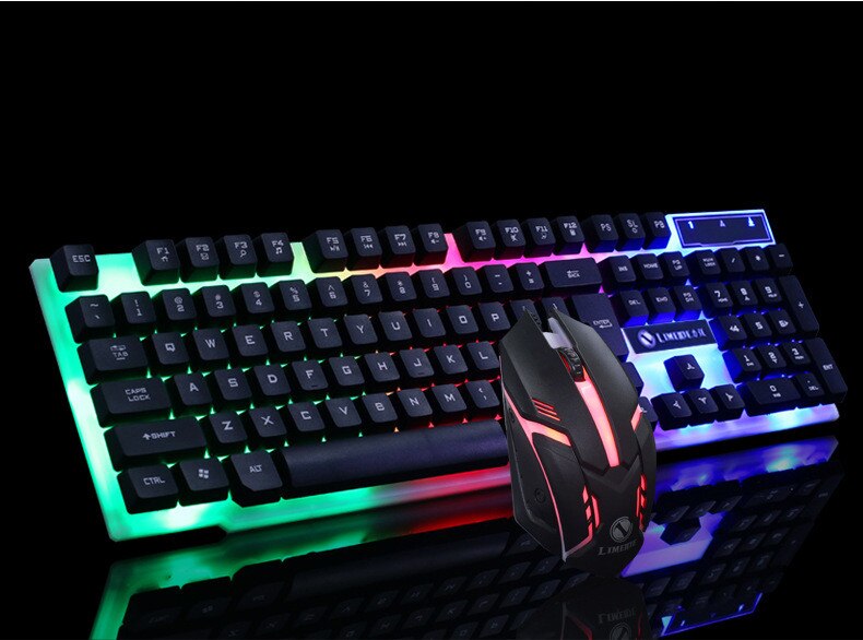 Juego de teclado y ratón para juegos con cable USB, Mouse retroiluminado con luces LED de colores del arcoíris, para el hogar y la Oficina: Negro