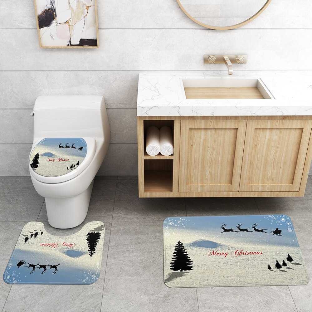 Merry Christmas Shower Curtain Set Bath Mats Rugs Christmas Tree Deer Anti Slip Pads Toilet Cover Bathroom Curtains with Hooks: D 3PCS