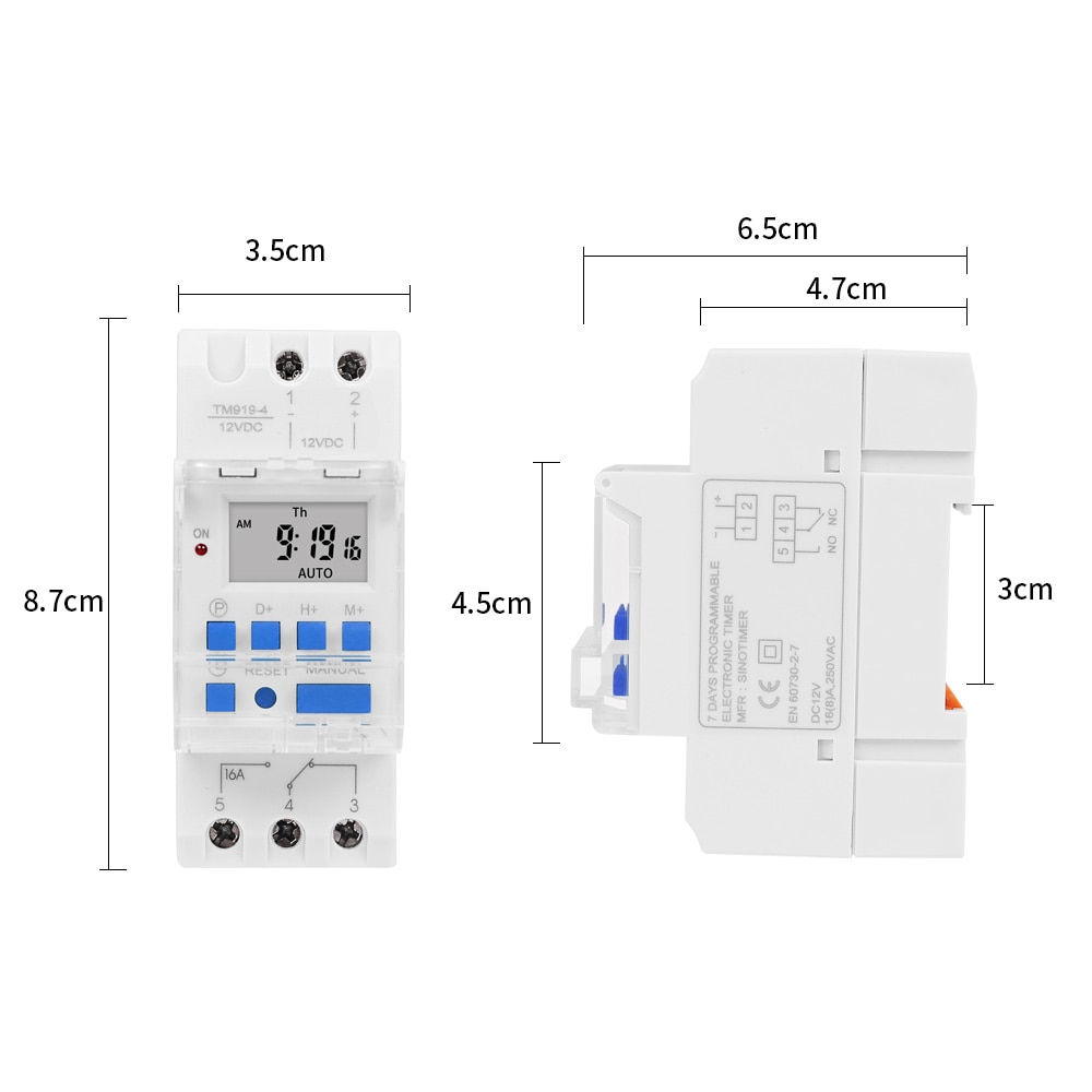 DC 12V 16A 5 PINS 1NO+1NC Digital Solar 24hrs Timer Switch with Sleep Mode and AM/PM Display