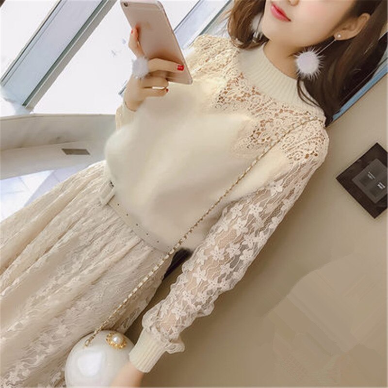 Tcyeek Women Long Dresses Early Spring Female Clothes Lace Knitted Black Dress Girls Clothing LWL130: cream-colored / S