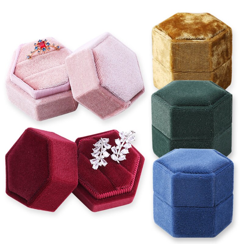 Hexagon Shape Fluwelen Doos Dubbele Ring Opbergdoos Bruiloft Ring Display Voor Vrouw Oorbellen Verpakking 5 Kleuren