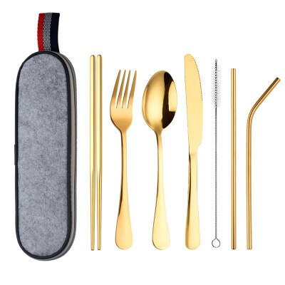 8Pcs/set Tableware Reusable Travel Cutlery Set Camp Utensils Set with stainless steel Spoon Fork Chopsticks Straw Portable case: Gold