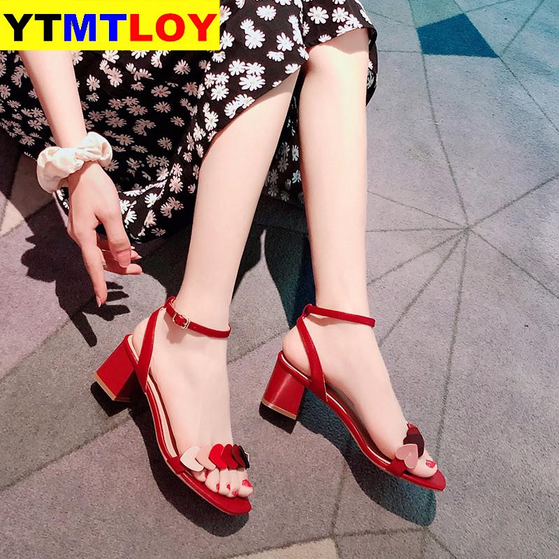 Sandals women's summer word buckle belt with thick heel summer heels