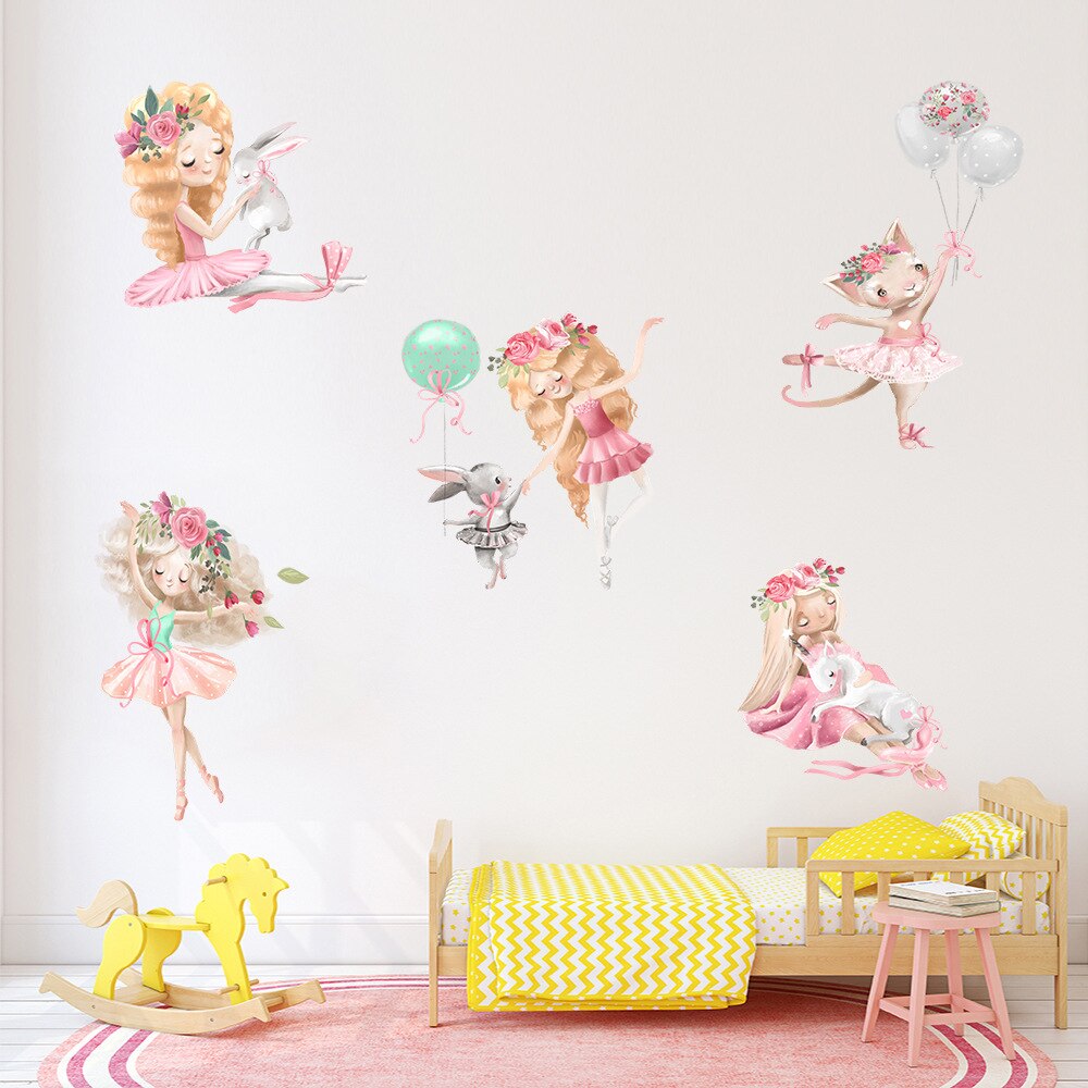 Girl Sticker Ballet Dancing Rabbits PVC Decorative Wall Stickers for Home Nursery Office Dorm Mural Decals Cartoon Wallpaper