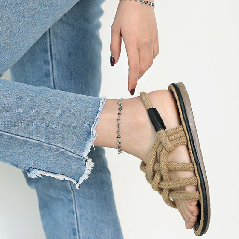 F.i.n.s Oude 100% S925 Sterling Zilveren Enkelbandje Ins Retro Hollow Out Cross Enkelband Foot Armband Fijne Sieraden Accessoire