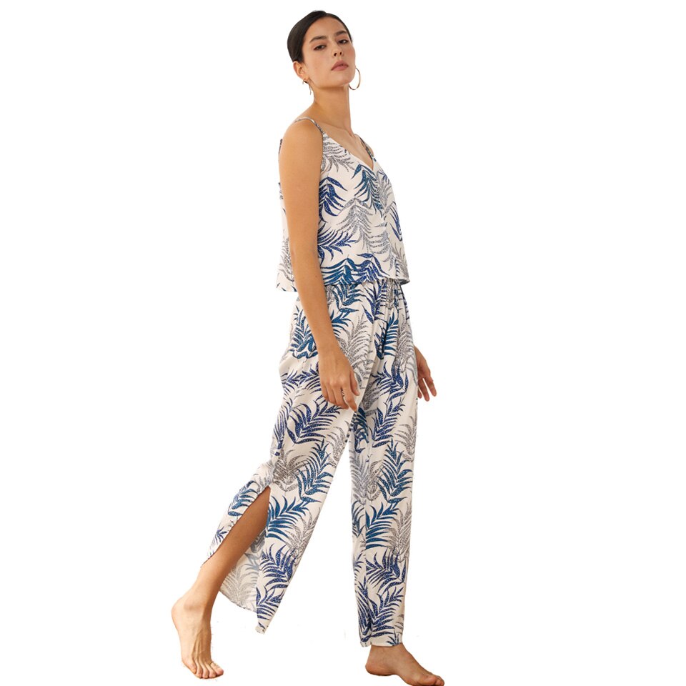 Leaves Printed Pajamas Set Buttons Sexy Sleepwear Suit Top with Pant Comfortable Leisure Wear Summer Homedress