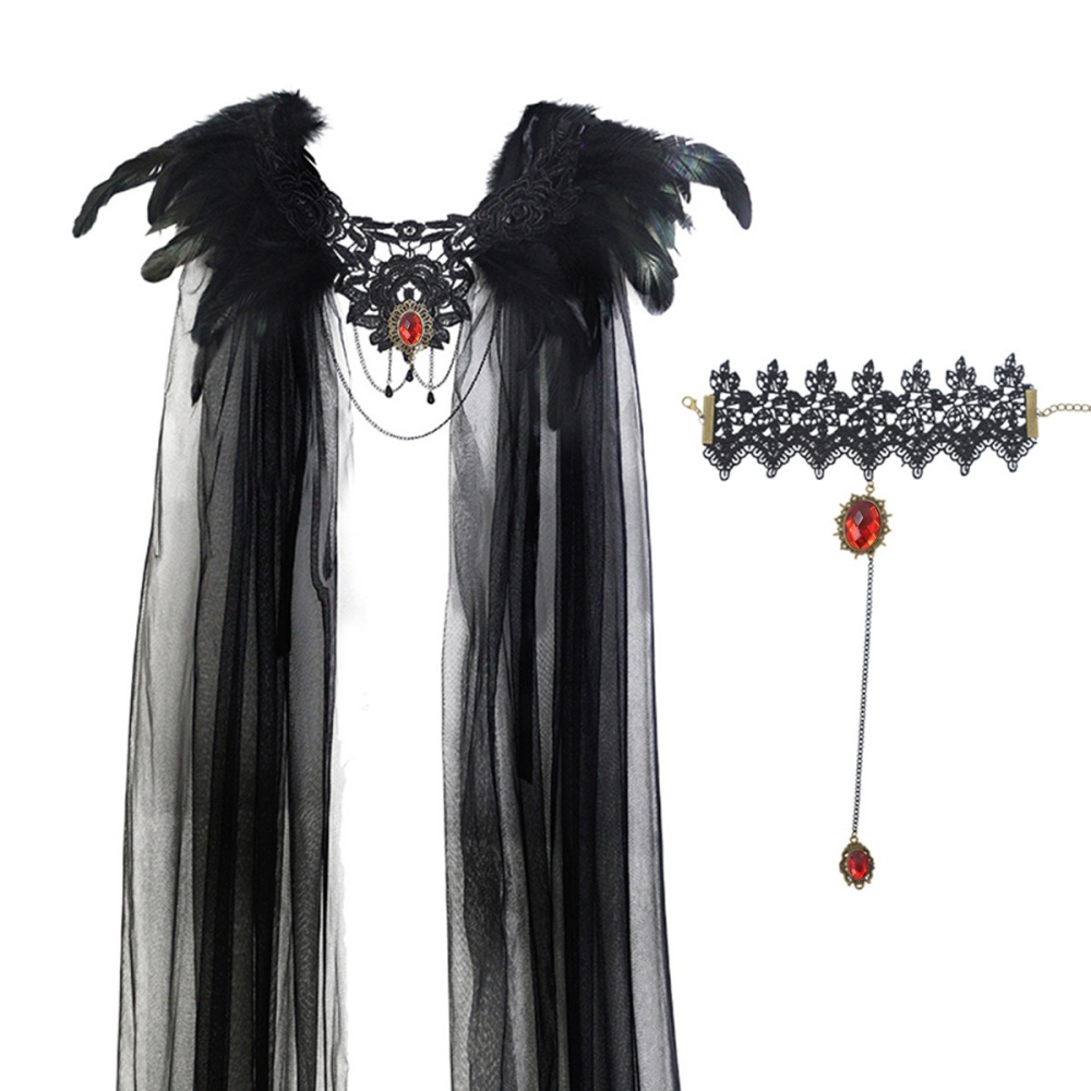 Goottilainen pitsikirjailtu höyhenhuivi halloween noidan viitta musta kaulahuivi rannekoru halloween cosplay-asutarvikkeet: Sininen