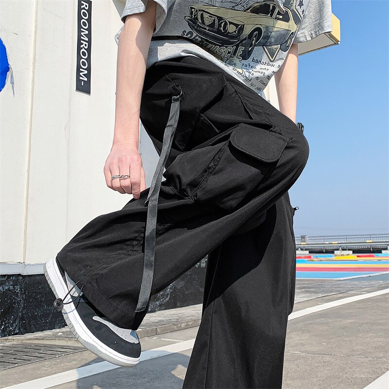 Frühling Grün Schwarz Breite Bein Hosen Männer Tasche Ladung Hosen Männer Streetwear Koreanische verlieren Gerade Hosen Herren Hosen S-2XL
