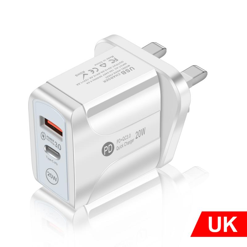 PD20W+QC3.0 Fast Charging Charger For IPhone12 Dual Port Charger IPhone 12 11 Pro XR XS Max 6 7 8 IPad Huawei Xiaomi Samsung: UK Plug white