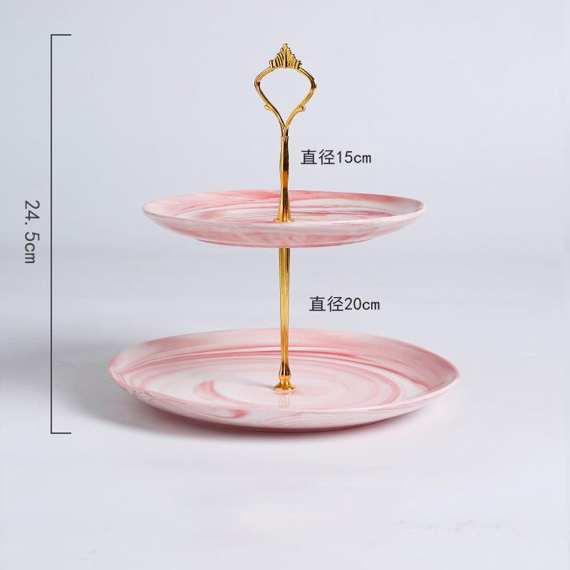 Prachtige 3 Lagen Europese Keramische Fruit Snack Tray Bruiloft Dessert Gebak Plaat Marmeren Textuur Met Gold Trim Opbergvak: Pink-S