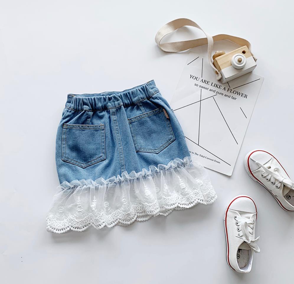 1-6Y Baby Girls Summer Clothing Infant Kids Baby Girl Denim Lace Patchwork Skirts Fishtail Ruffle Princess Bottoms Trumpet