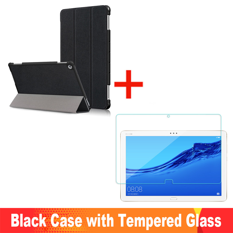 Para Huawei MediaPad M5 Lite funda 10 BAH2-W19/L09/W09 Ultra delgada Pu cuero Smart Stand cubierta para media Pad M5 Lite 10,1": Black Case add Glass