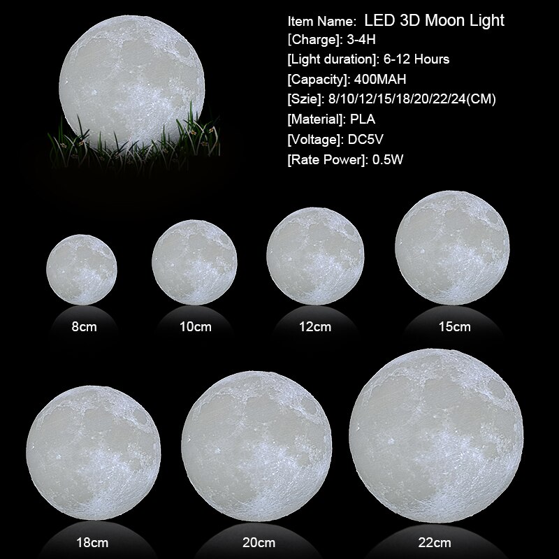 Luna moon lampe 3 farver natlys 3d print måneskin led dæmpbar touch / pat / fjernbetjening genopladeligt natbord skrivebordslampe