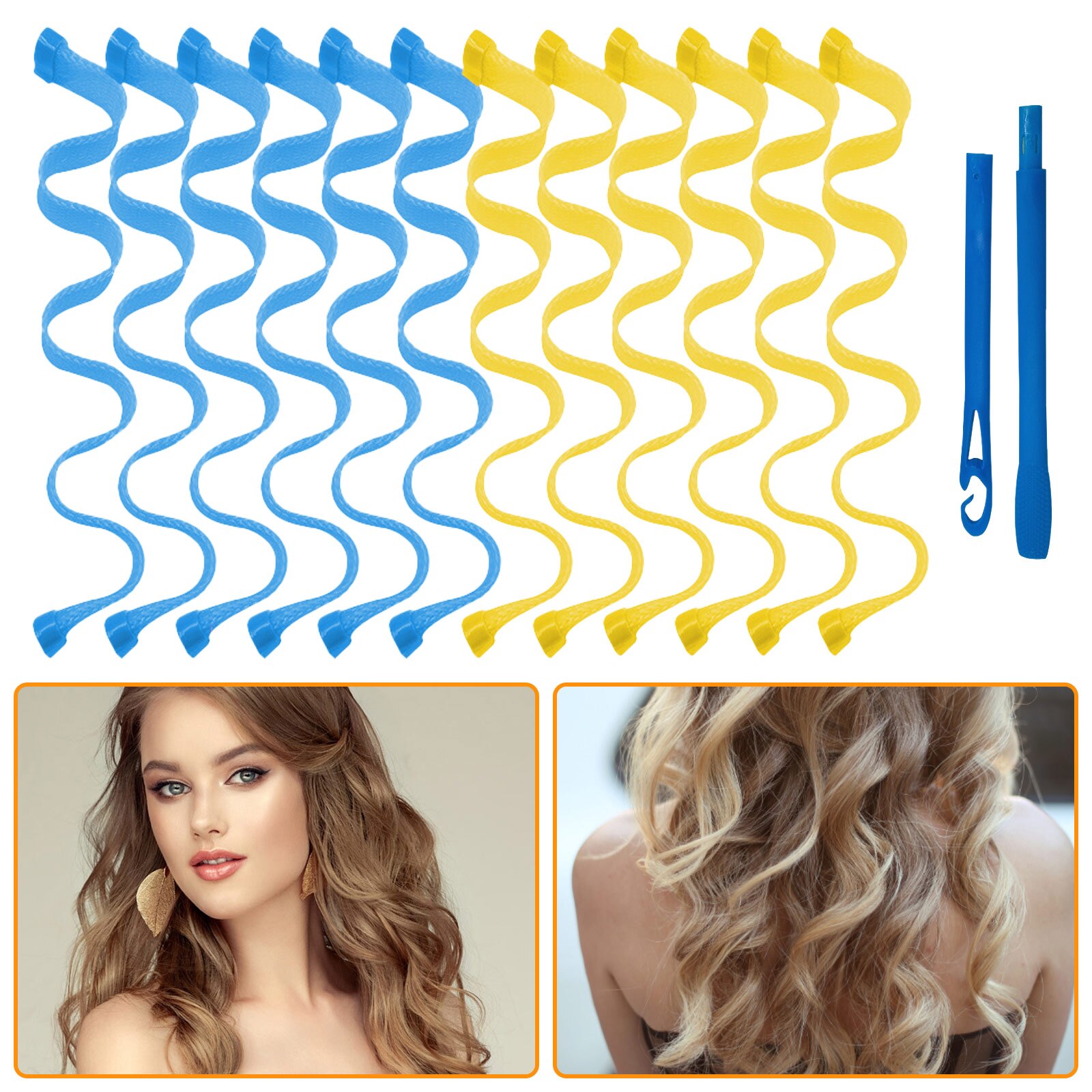 Bigoudis magiques en spirale, sans chaleur, avec 4 crochets, accessoires de coiffure pour la maison, bricolage, 32 pièces: 12pcs Blue Yellow