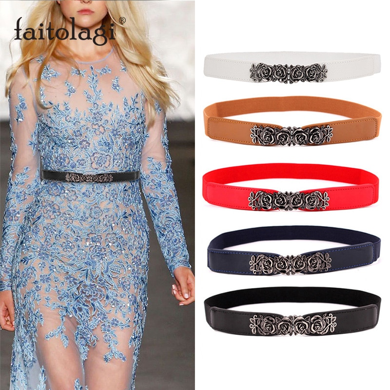Elastic Nylon Ladies Belt for Dress Rose Flower Buckle Women Waist Belt for Coat Black White Red Female Corset Belt Strap