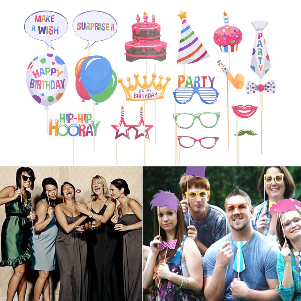 18pcs Birthday Photo Props Kit Funny Paper Mask DIY Selfie Props Accessories Party Favors Decoration Supplies