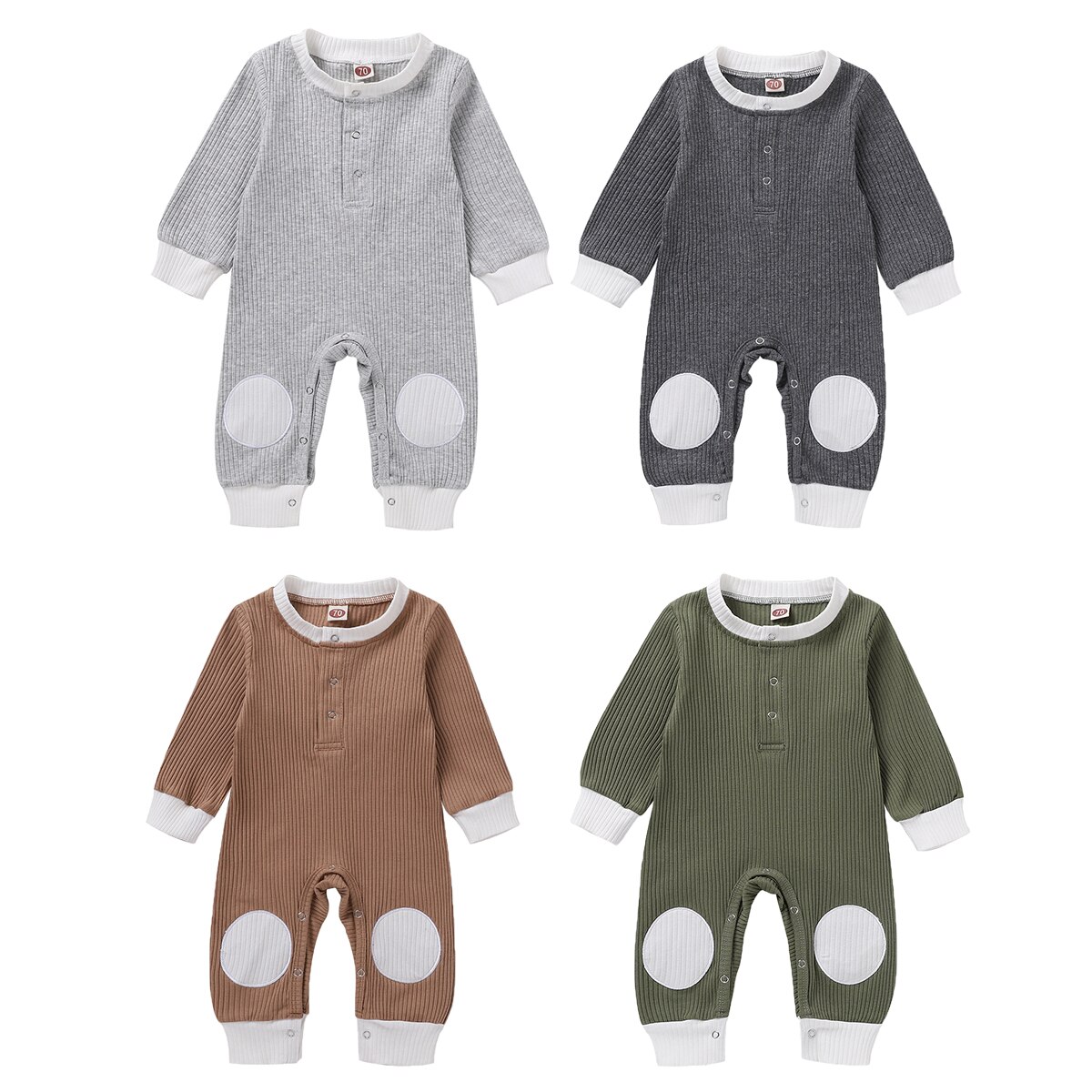 Mise au point automne bébé garçons barboteuse filles solide Patchwork manches longues bouton combinaisons 0-18M 4 couleurs