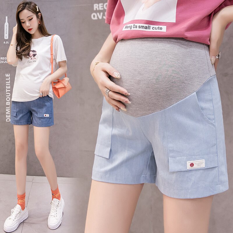 Sommer denim kort til gravid elastisk talje capri-bukser graviditetstøj barsel tøj 0017