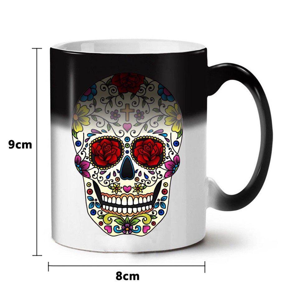 Färgglad dödskalle muggar glas värme färgskiftande kopp missfärgning magisk personlighet rolig keramisk kaffekopp mugg skalle