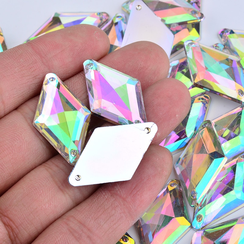 JUANO 18*30mm Sewing AB Crystal Rhinestones Flat Back Rhombus Crystal Strass Applique Fancy Acrylic Stones For DIY Crafts