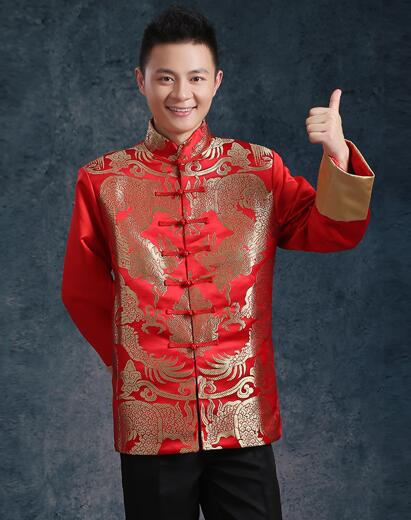 Chinese traditionele kleding bruiloft reed borduurwerk bruid kleding mannen tang pak vintage stand kraag tuniek pak: C style / XL