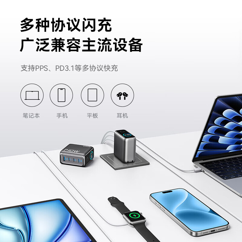 Originele anker zolo 140w gan 4 -poorts oplader pps laptop voor iphone, macbook pro air, ipad galaxy  s24, dell xps 13 met 1.5m kabels
