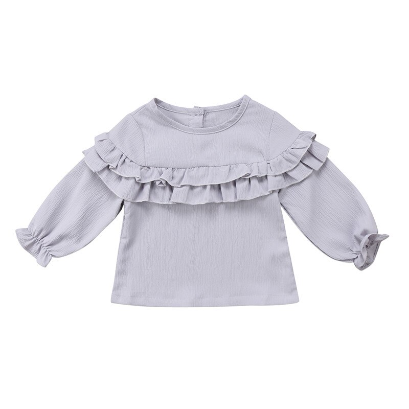 Autumn Winter Toddler Newborn Baby Girls Kid Blouse Solid Round Neck Ruffle Girls Top Long Sleeve Blouse Shirt: Gray / 12M