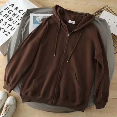 Hettegensere sweatshirts med glidelås for kvinner, løs bomullsglidelås i koreansk stil, uformell hettejakke høst: Mørkebrun
