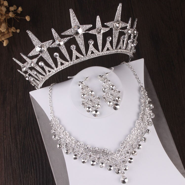 Luxo cristal espumante estrela conjunto de jóias de noiva strass tiaras coroa colar brincos casamento contas africanas conjuntos de jóias: 3Pcs Jewelry Sets