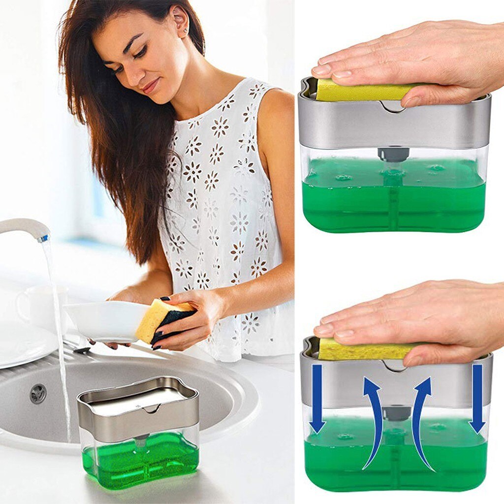 Soap Dispenser Soap Pump Sponge Caddy Kitchen 2-in-1 Manual Press Liquid Soap Dispenser With Washing Sponge