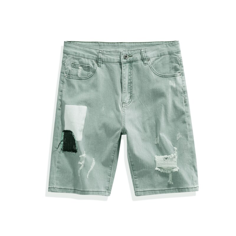 Summer Selling Male Jeans Shorts Green Stitching Embroidery Ripped Hole Denim Shorts Men's Clothing