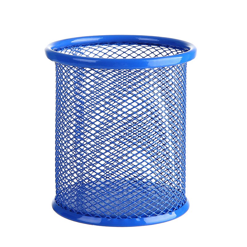 Pencil Holder Office Desk Metal Mesh Square Pen Pot Case Stationery Container Organiser Durable Pencil Case Black: Round blue