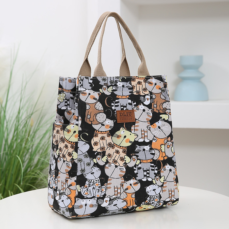 Bolsa de almuerzo con estampado de dibujos animados, bolsa Bento de lona portátil, bolso informal para mujer y bolso de mano para escuela, oficina, picnic: Negro