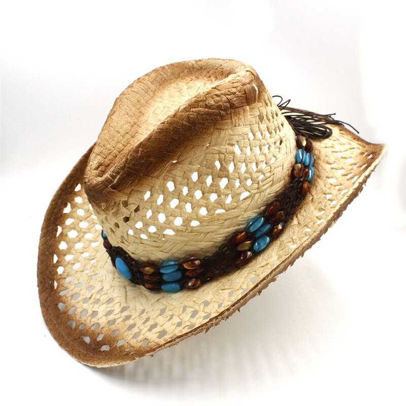 Handwork Summer Women's Men's Hollow Western Cowboy Hat For Gentleman Western Word Cowgirl Jazz Cap Summer Straw Beach Sun Hat: Light coffee