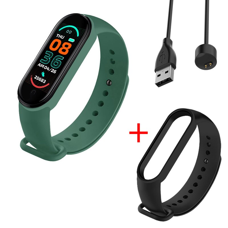 M6 Men&#39;s Ladies Smart Watch Fitness Pedometer Blood Pressure Heart Rate Monitor Digital Watch for Android IOS Phone System: Dark green Black