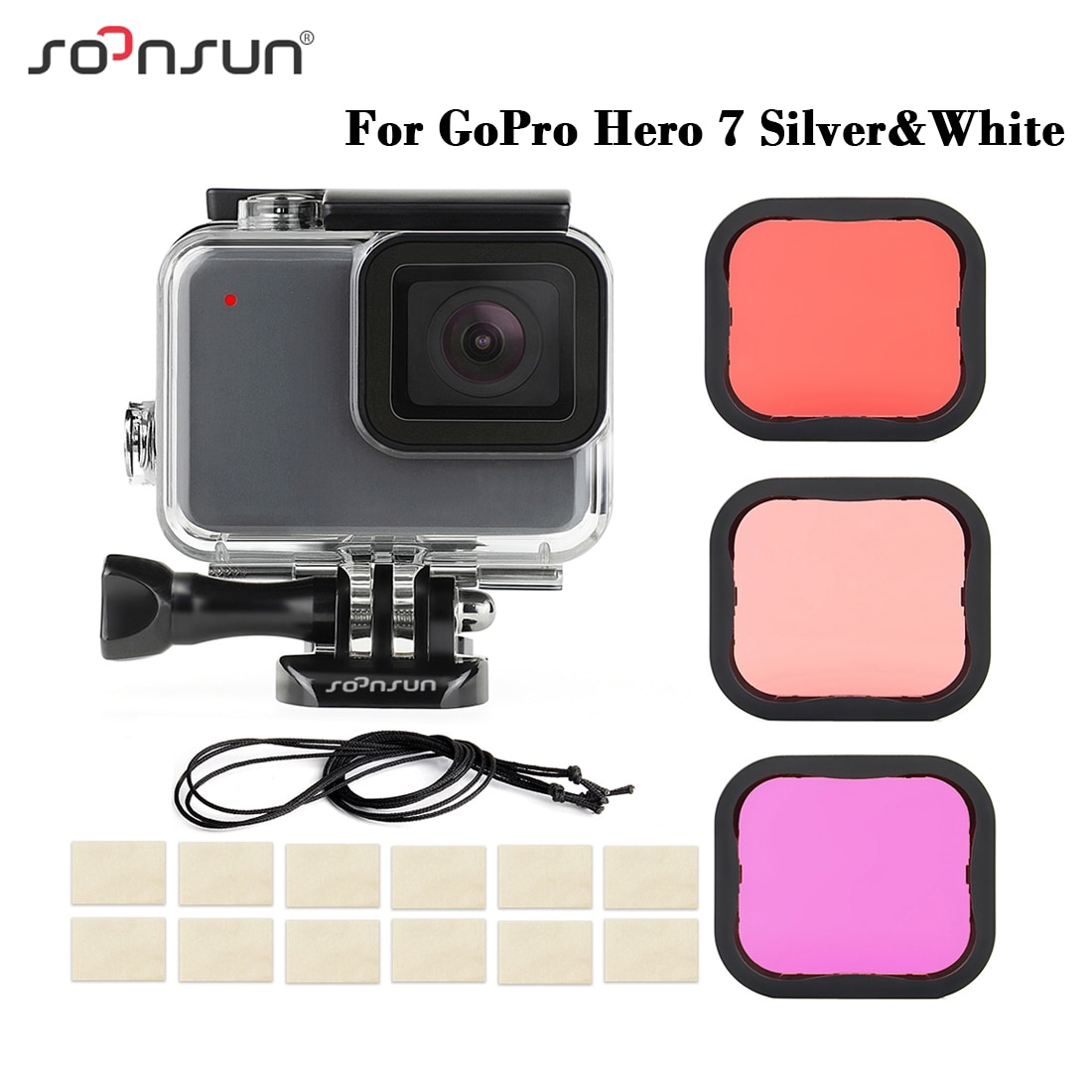 SOONSUN Waterproof Housing Case with Dive Filter for GoPro Hero 7 Silver White Protective Case with Red Light Red Magenta Filter