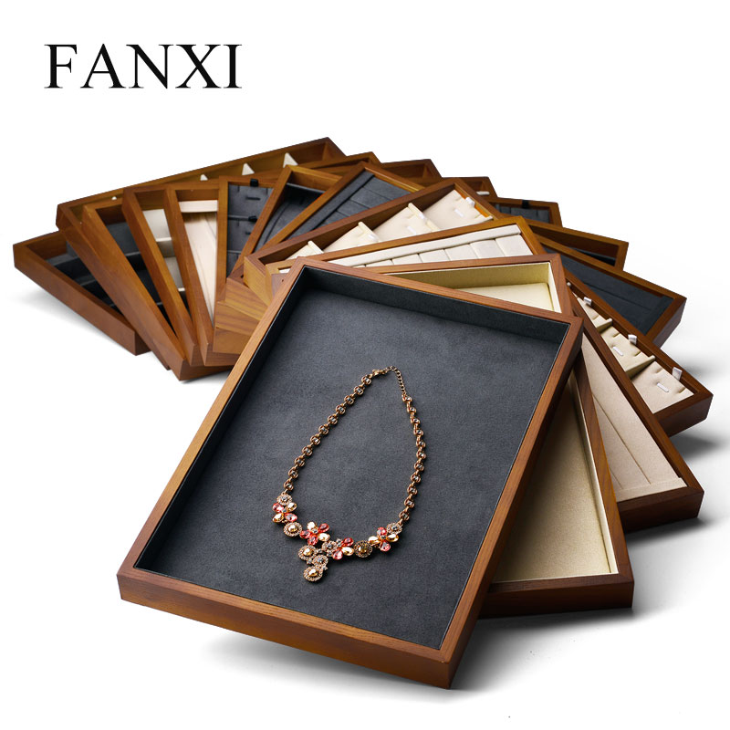 Fanxi Wooden Jewelry Display Tray with Microfiber Ring Necklace Earring Bracelet Tray Stand for Showcase Jewelry Organizer