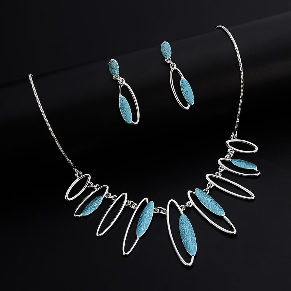 Jewellery Geometric Dangle Earrings Necklaces Set for Girls Woman Charm Blue Chain Pendant Enamel Jewelry Sets