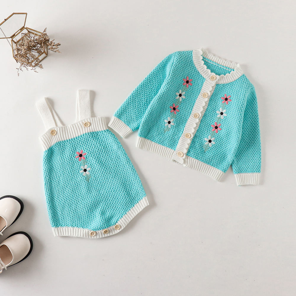 2022 Lente Baby Baby Meisjes Knit Borduren Bloem Jas + Bretels Rompertjes Baby Kleding Sets Peuter Meisje Pak Kleding 0-3Years: coat and Rompers / 3T