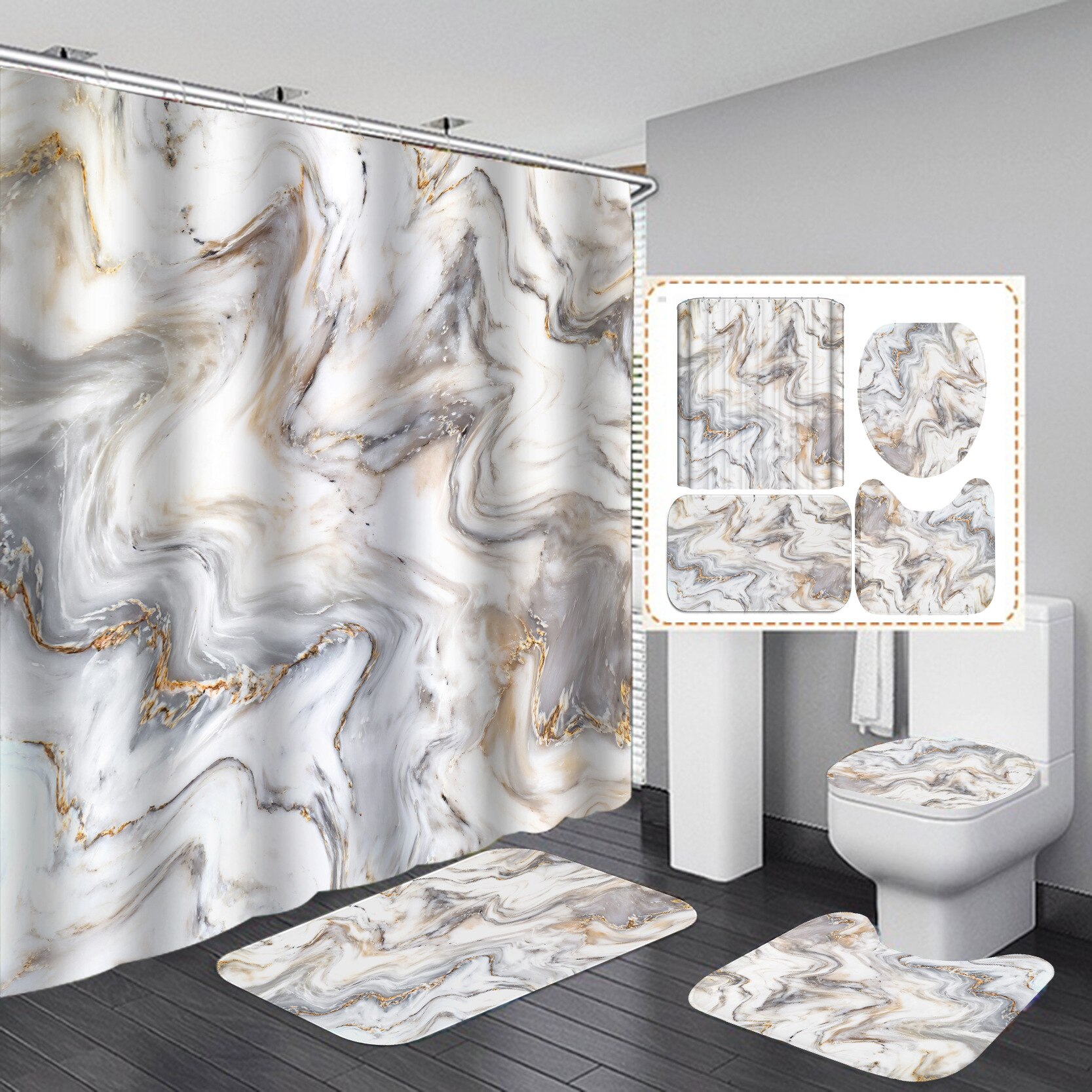 Tenda da doccia in marmo con trama a inchiostro Set da bagno morbido in 4 pezzi lussuoso tessuto in poliestere con stampa grafica con gancio: 7