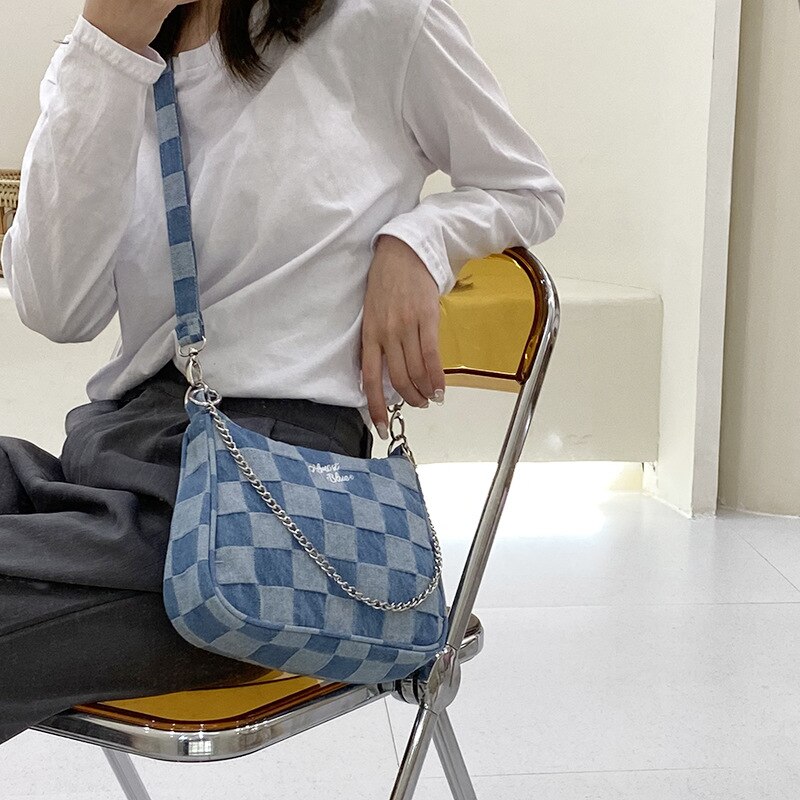 Frauen Kleine Schulter Taschen Blau Überprüft Handtasche Leinwand Tote Kette Unterarm Tasche Damen Denim Halbe Mond Taschen Baumwolle Tuch Geldbörse: A2
