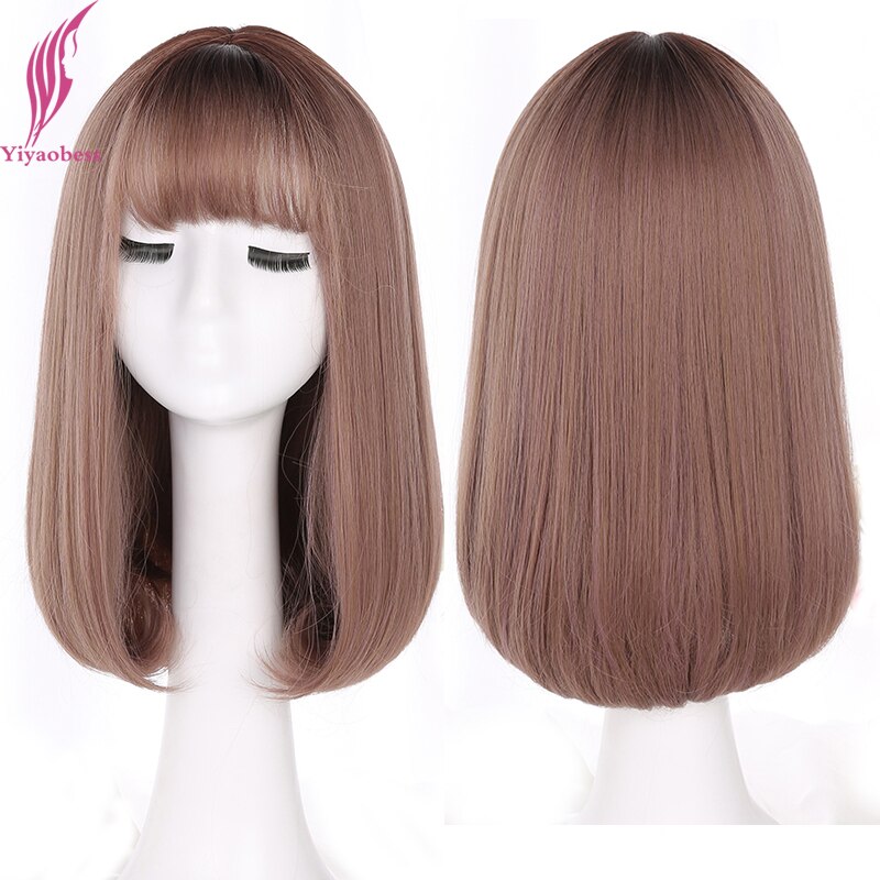 Yiyaobess, estilo coreano, peluca sintética de pelo medio largo de Bob con flequillo, raíces oscuras, pelo Ombre, lino, gris, pelucas de mujer rectas naturales