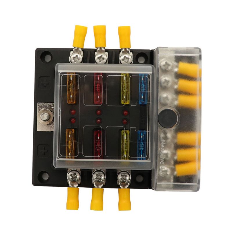 6-way Fuse Holder with LED Indicator Light and Negative Busbar Fuse Box for 12/24V Car RV Boat Auto Modified Accessories
