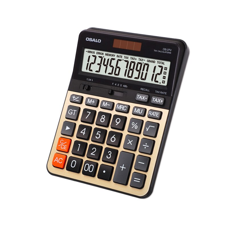 3TV Table Top Calculator Tax Rate Calculation 12-bit Display Dual Power Solar Cell Dual Power Supply Calculator